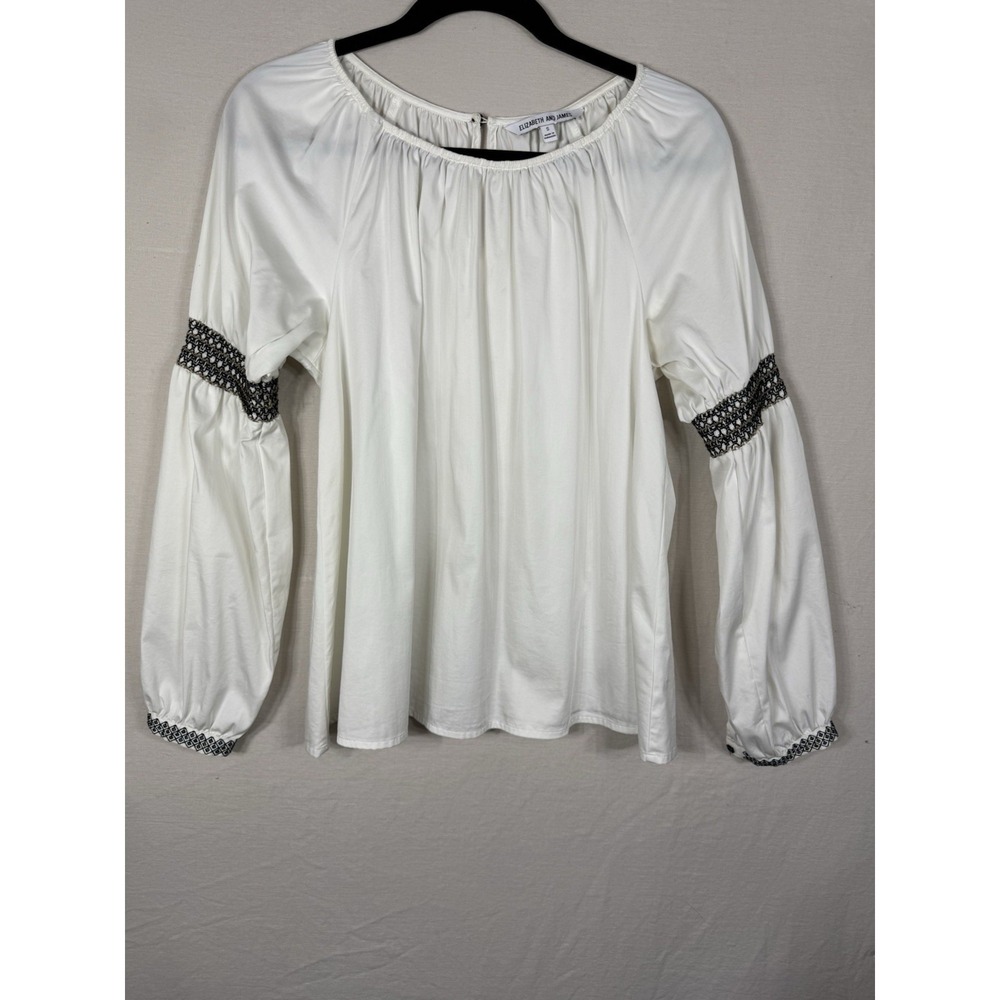 ELIZABETH AND JAMES White Peasant Blouse Small Boho Embroidered Balloon Sleeves